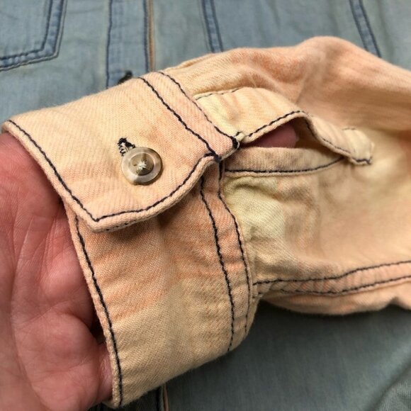 NEW BDG Frankie Chambray Plaid Peach Light Denim Flannel Button-up Western Shirt - Picture 8 of 15